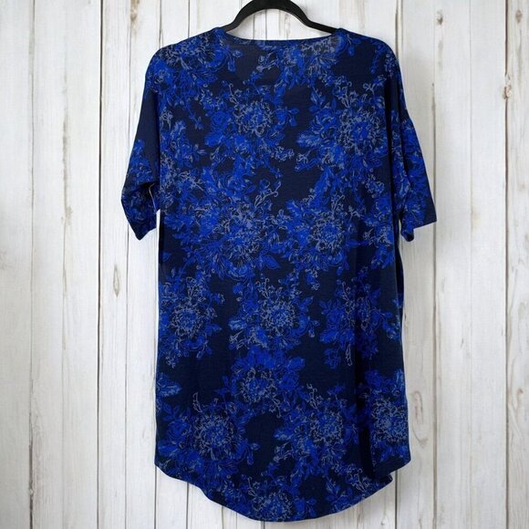Lularoe Irma Half Sleeve Tunic High Low Polyester Blend Sz XS Blue Floral - Picture 3 of 8